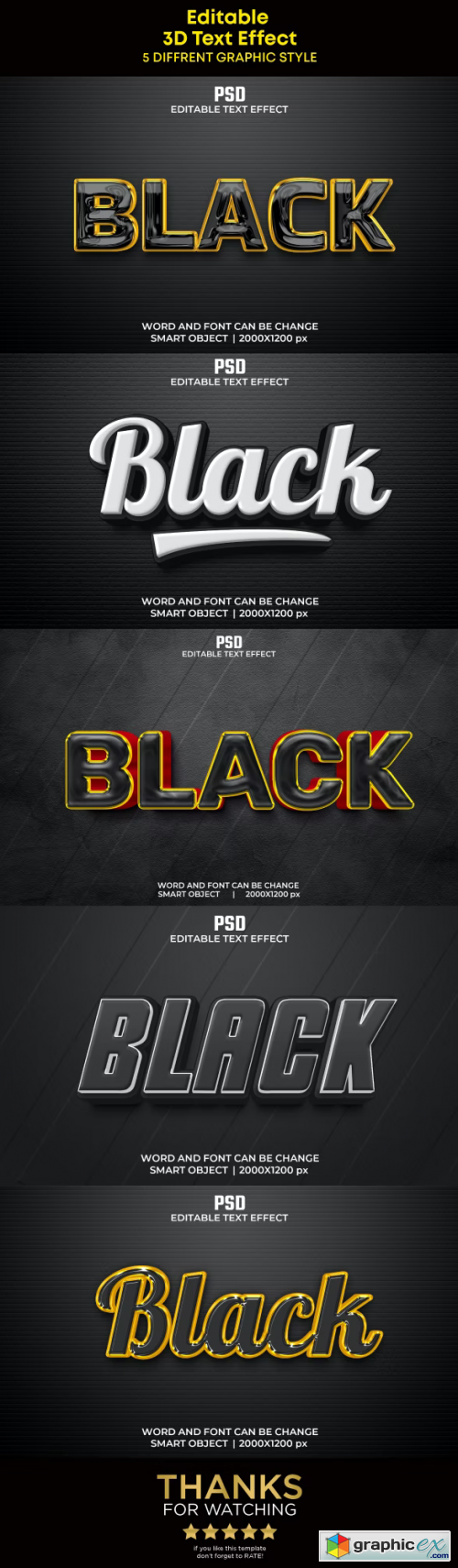 5 Black 3D Editable Text Effects Pack