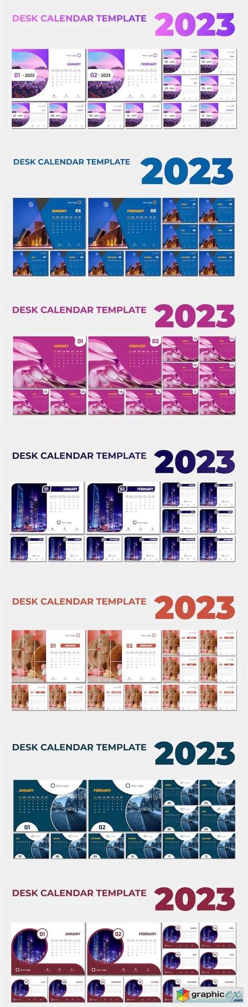 7 Colorful Desk Calendars 2023 Vector Templates